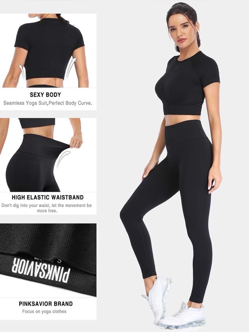 Black Seamless 2 Piece Workout Set Crop Top Leggings M NWOT - Picture 5 of 5